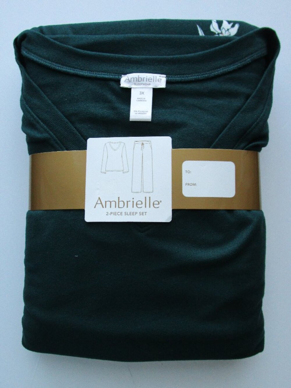 Ambrielle 2-pc Pajama Set - dark green/white flower print